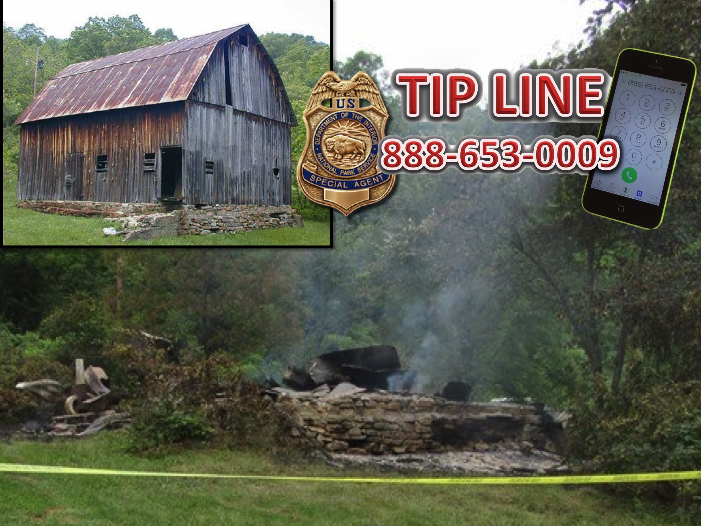 A suspicious fire has destroyed the historic Wallace Barn in Ozark National Scenic Riverways. NPS photos.