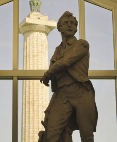 On or about May 13, 2017, an unknown person or persons vandalized the final resting places of officers interred under the rotunda. Investigators are seeking tips from the public to help find those responsible. Statue and tower in Perry's Victory and International Peace Memorial. NPS photo.