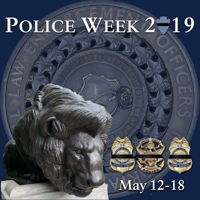 We give thanks to the law enforcement officers who serve across all of the Department of the Interior (DOI) bureaus, and honor those who have died in the line of duty since the Department's founding in 1849. One of the lion sculptures at the National Law Enforcement Officers Memorial in Washington, DC, layered over an image of one of the shields at the memorial. NPS images.
