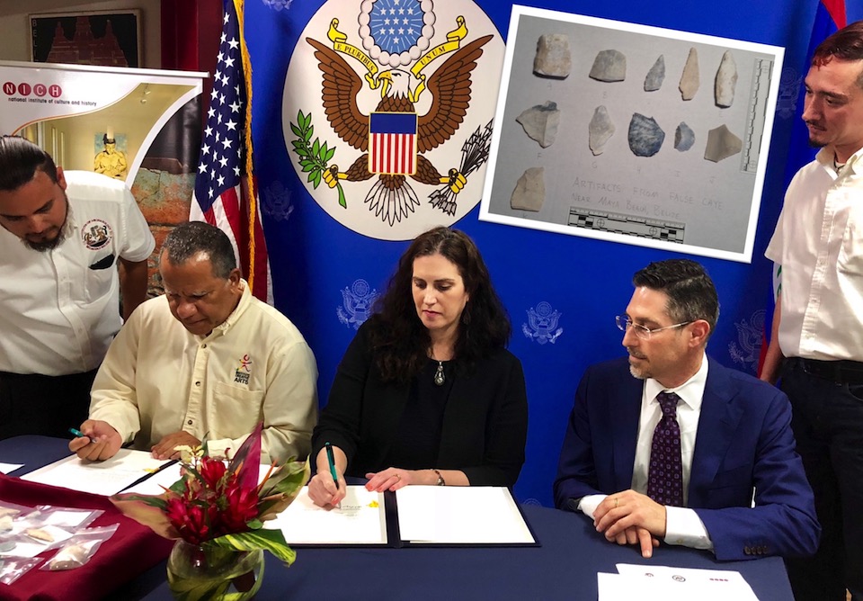 Representatives of the US and Belize sign a cultural property agreement solidifying their collaboration to combat looting and trafficking of cultural objects. Inset: 11 cultural artifacts stolen from Belize recovered and returned by ISB Special Agents. Representatives of the US and Belize sign a cultural property agreement solidifying their collaboration to combat looting and trafficking of cultural objects. Inset: 11 cultural artifacts stolen from Belize recovered and returned by ISB Special Agents.