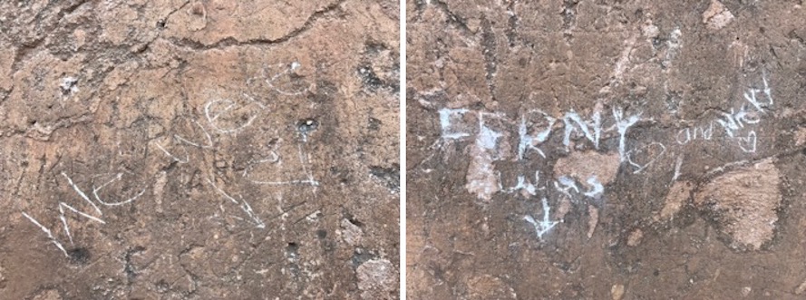 Vandals damaged the Convento ruins in Tumacacori National Historic Park, etching graffiti into a wall. NPS photo. Vandals damaged the Convento ruins in Tumacacori National Historic Park, etching graffiti into a wall. NPS photo.