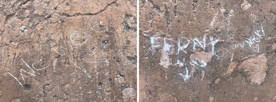 Vandals damaged the Convento ruins in Tumacacori National Historic Park, etching graffiti into a wall. NPS photo.