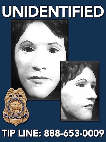 Facial reconstruction images of an unidentified homicide victim. She was a white female age 20-23 with a narrow face and a slight overbite. Facial reconstruction images of an unidentified homicide victim. She was a white female age 20-23 with a narrow face and a slight overbite.