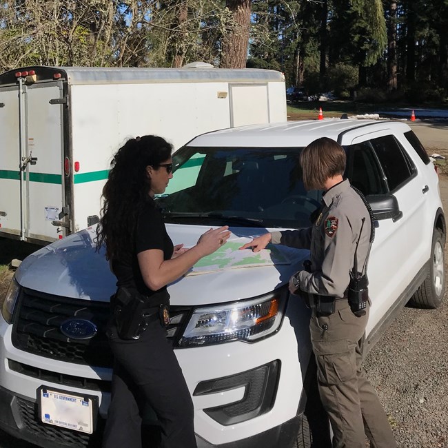 ISB special agents investigate complex, sensitive, and/or long-term cases of all types of crimes, and work closely with park rangers in the field every day. An ISB Special agent and US Park Ranger look at a map spread on the hood of a vehicle.