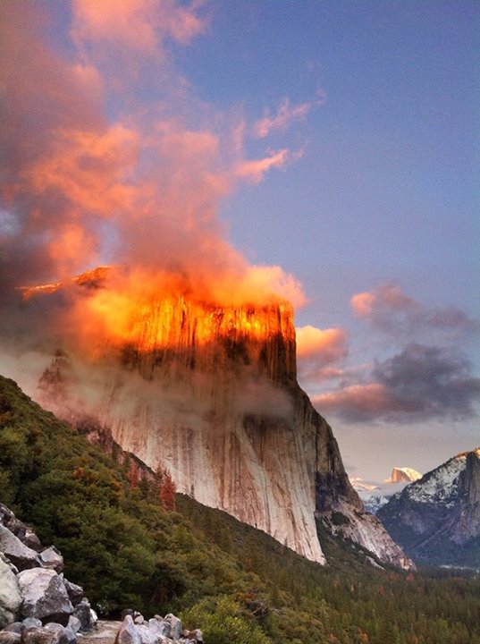 Sunlight brightens rock walls in Yosemite National Park. NPS photo.