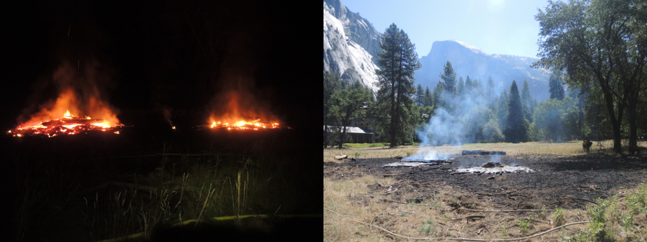A nighttime image of a smoldering fire in the Ahwahnee Meadow of Yosemite National Park, and a daytime image of a burned area in the Ahwahnee Meadow in Yosemite National Park. NPS photos.