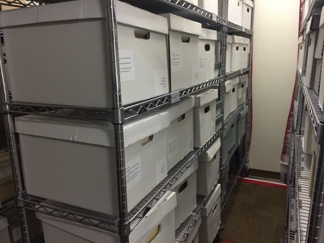 Metro mobile shelving units inside the Daniel Beard Center