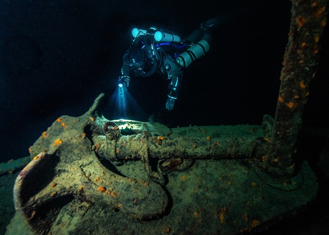 Diver and Anchor on Stern of Emperor, Isle Royale National Park