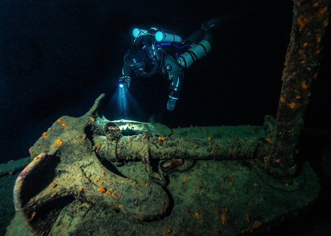Diver and Anchor on Stern of Emperor, Isle Royale National Park Diver and Anchor on Stern of Emperor, Isle Royale National Park