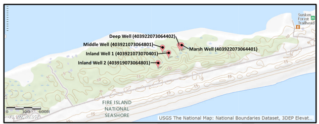 Figure 2. Location of wells in the Sunken Forest, Fire Island National Seashore, N.Y.