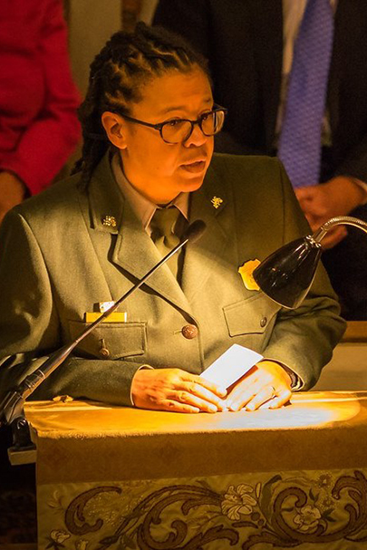 Rose Fennell speaks at a podium.