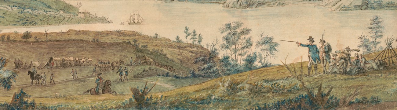 A watercolor illustration of a Continental Army encampmemt on the shores of the Hudson River