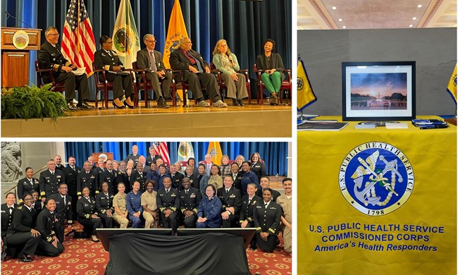 public health professionals in various uniforms pose pose for a picture on stage and in front of stage after an event in an auditorium