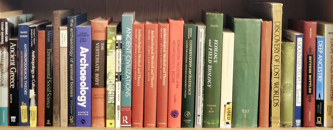 Close-up of a variety of colorful archeological books displayed on a wooden shelf