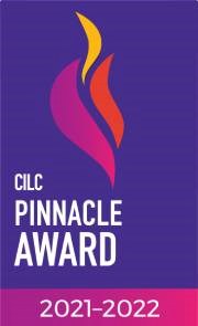 Logo with stylized torch flames on a purple background, reading "CILC Pinnacle Award 2021-2022"