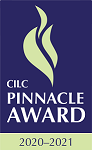 Logo with stylized beige torch flames on a purple background, reading "CILC Pinnacle Award 2020-2021"