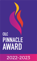 Logo with stylized torch flames on a purple background, reading "CILC Pinnacle Award 2022-2023"