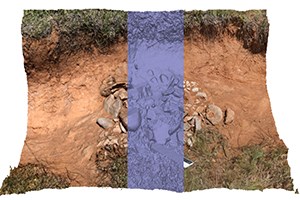Model of a hearth feature with rocks eroding from a slope made using photogrammetry. A vertical gray stripe in the middle shows the model without the color photo overlay shown on the right and left.