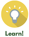 Learn! Graphic icon of a light bulb inside a yellow circle with the word "Learn!" underneath
