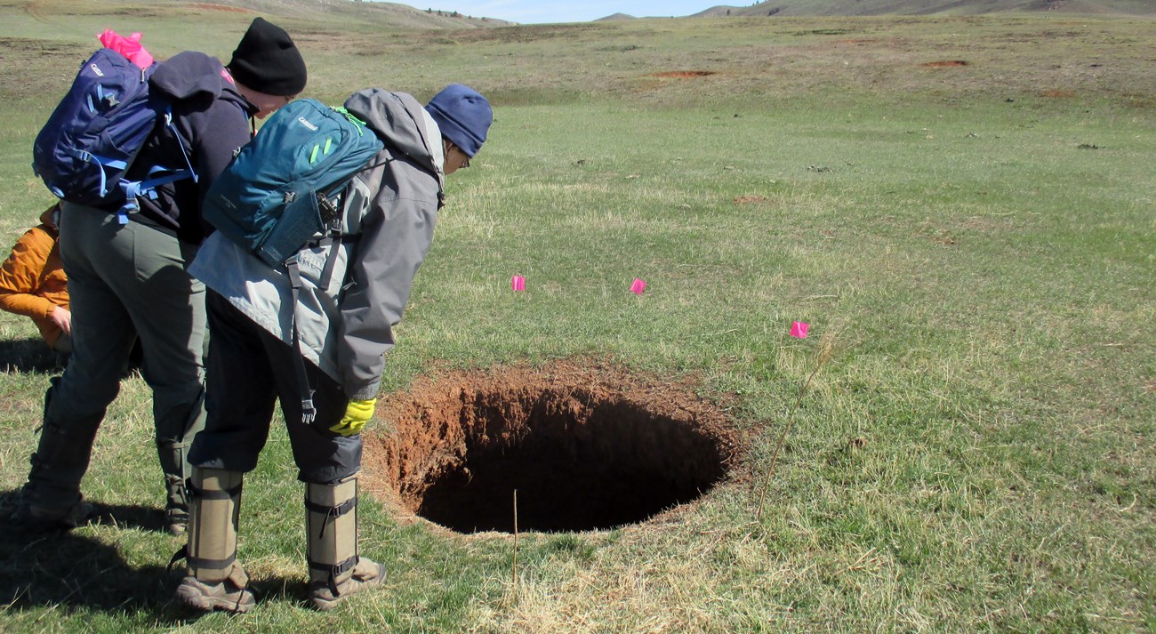 Volunteer with us Two people with backpacks and snake gaiters peer into a large hole while surveying a grassy plain. A third person kneels nearby.
