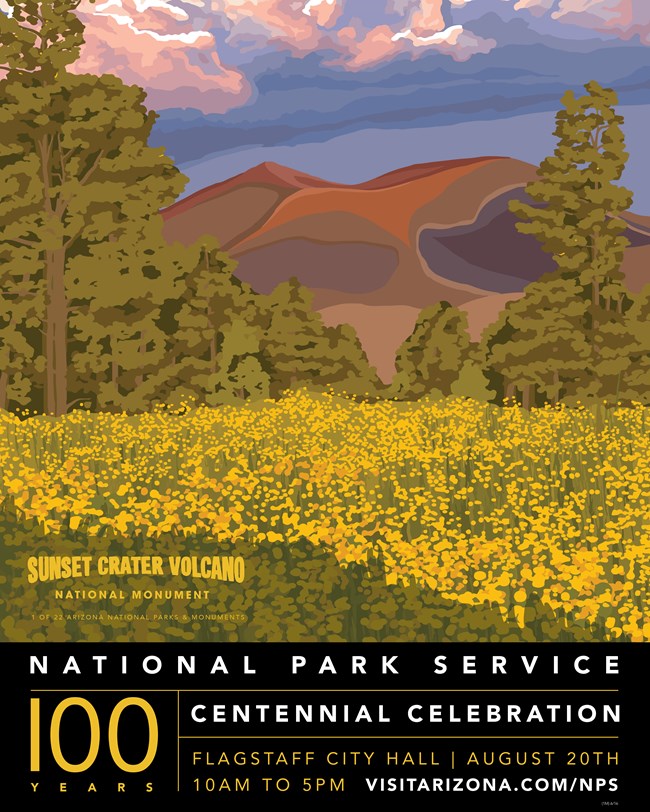 Sunset Crater Volcano NPS100 Poster A painted image of a red crater with yellow flowers in front.