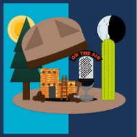 Drawn image of a ranger hat popping apart to reveal a pine tree, cactus, pueblo, and radio microphone.