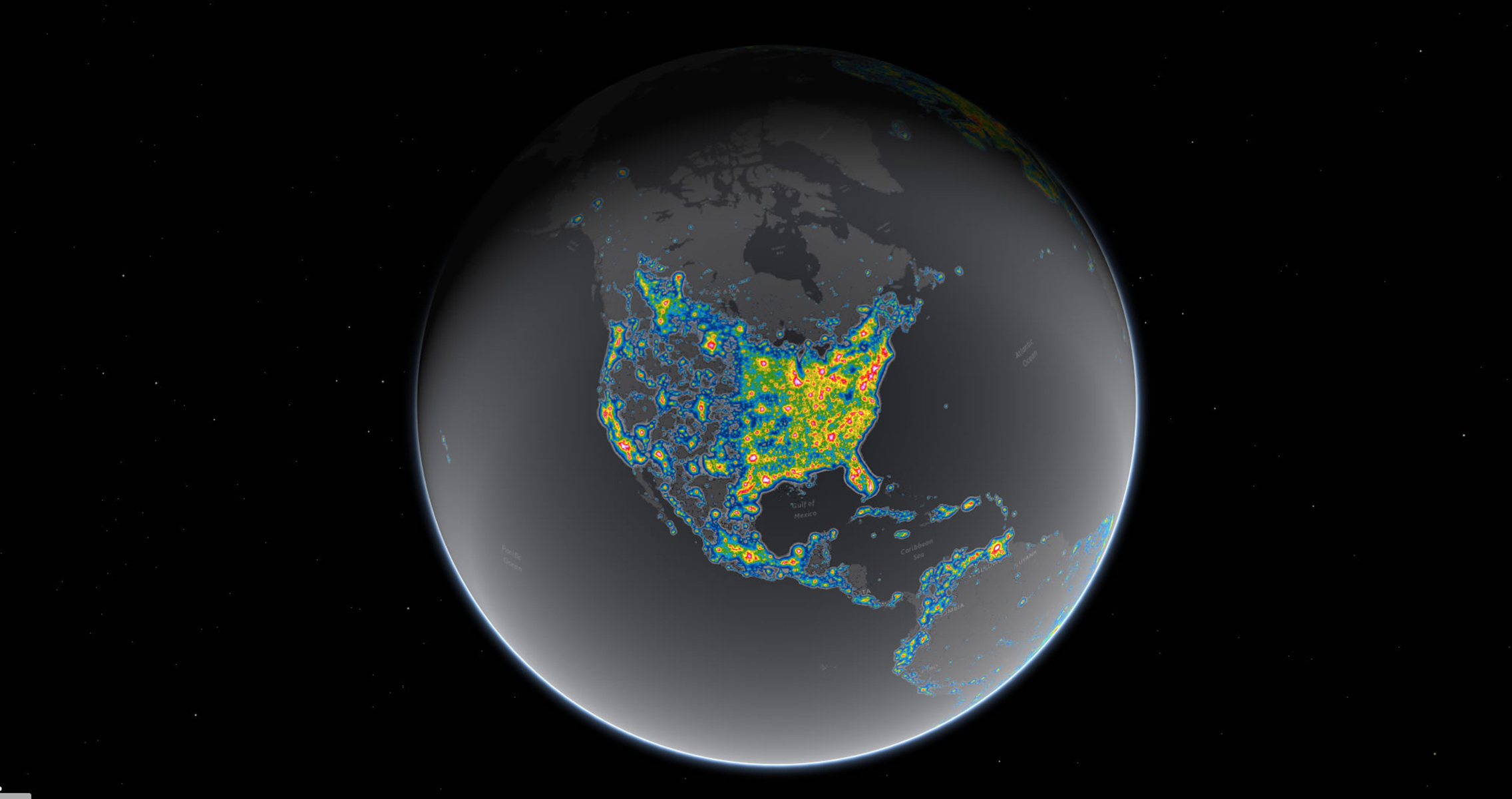 Bright areas in this map show where the sky glow from artificial lighting blots out the stars and constellations.