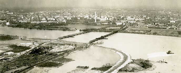 Aerial of the Potomac River with downtown Washington, D.C. in the background Aerial of the Potomac River with downtown Washington, D.C. in the background