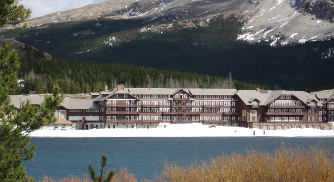 Many Glacier Hotel at Glacier National Park. View across lake of the Many Glacier Hotel at Glacier National Park.