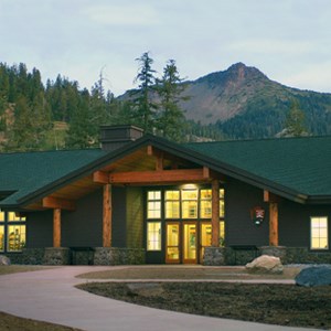 Front entrance of the Kohm Yah-mah-nee Visitor Center at Lassen Volcanic National Park, California.