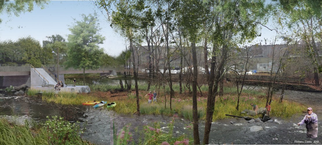 An island is drawn in the middle of a river, where four people are playing on the rocks or skipping stones, an angler wades into the stream, three kayaks are pulled ashore, and two people sit on the restored foundation