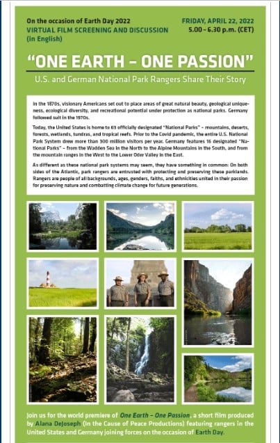 2022 Earth Day Germany + US A green and white poster celebrating German and US acknowledgement of Earth Day 2022.