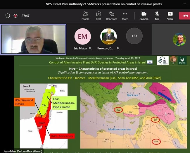A screen shot of the Invasive Plants webinar showing the Israeli presenter.