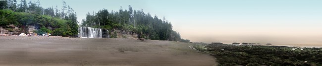 Tsusiat Falls, a campground at Pacific Rim National Park and Preserve, Canada. A campground on the beach at Pacific Rim National Park, Canada.