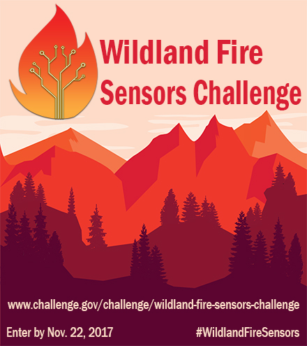Wildland Fire Sensors Challenge Image of flame with sensors near forested mountain, with additional text.