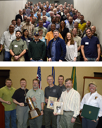 Wildland Fire Management Group and Award Recipients Top: Group standing on stairs; Bottom: Six men and one woman stand with awards.