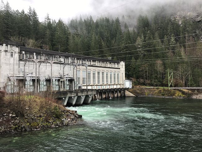Gorge Plan on the Skagit River in North Cascades NP. Hydro plant spanning Skagit River.