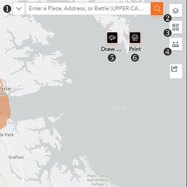 A gray map with a key that shows how to search, navigate, and print the map.