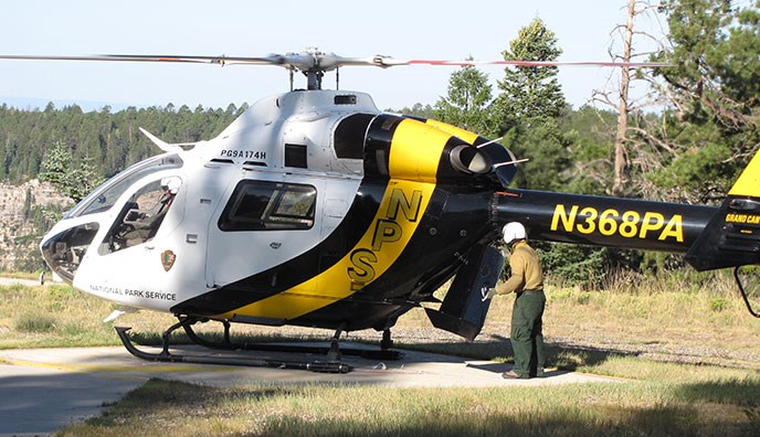 Preparing the Grand Canyon helicopter to transport National Park Service employees from the North Rim of the Grand Canyon to the South Rim.