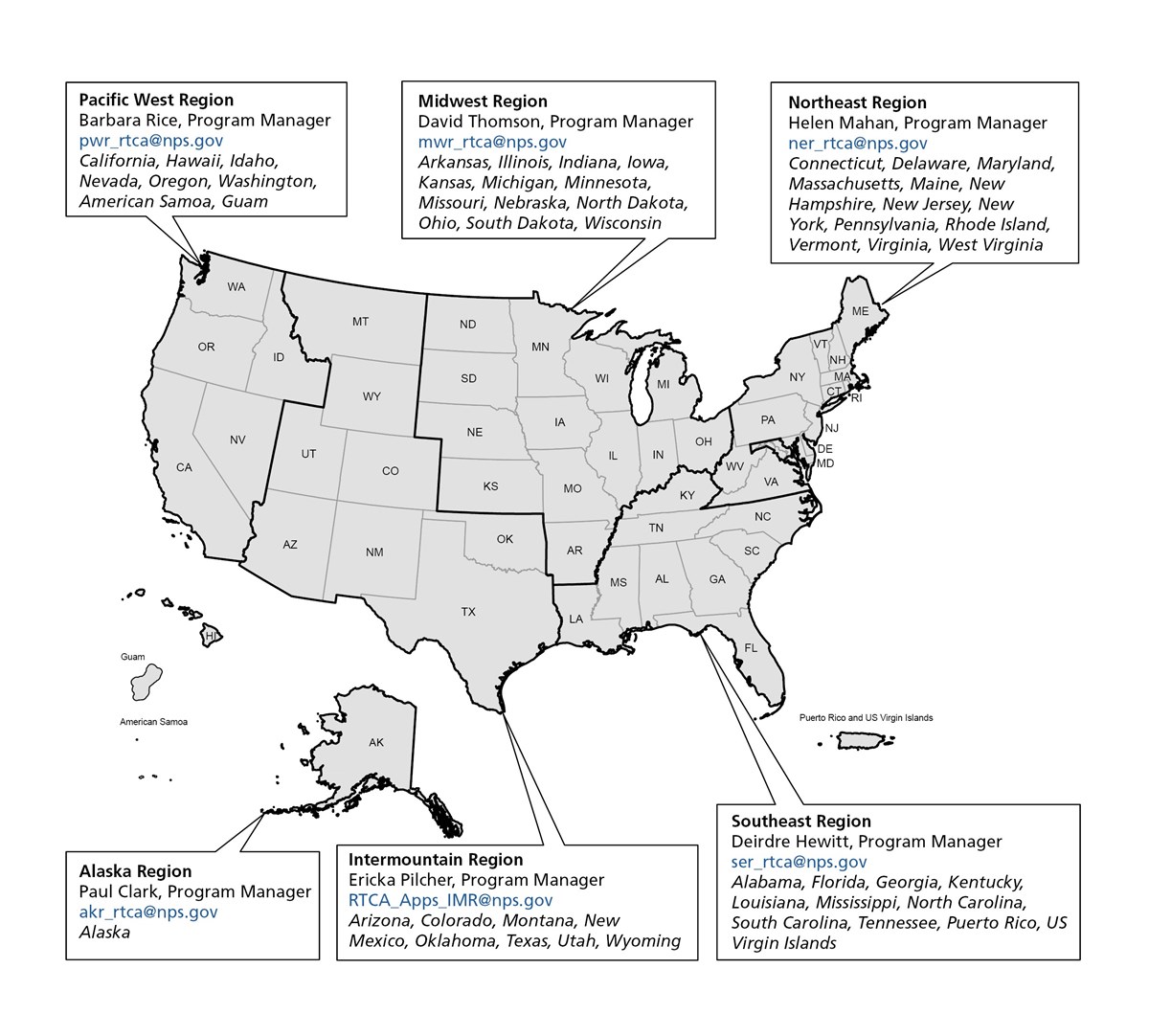 Map of National Park Service regions with call-out windows pointing to each region containing information about RTCA Program Managers responsible for each region. Map of National Park Service regions with call-out windows pointing to each region containing information about RTCA Program Managers responsible for each region.