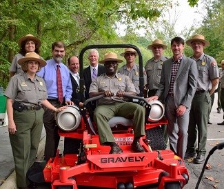 lt= Great Smoky Mountains National Park staff and propane mower