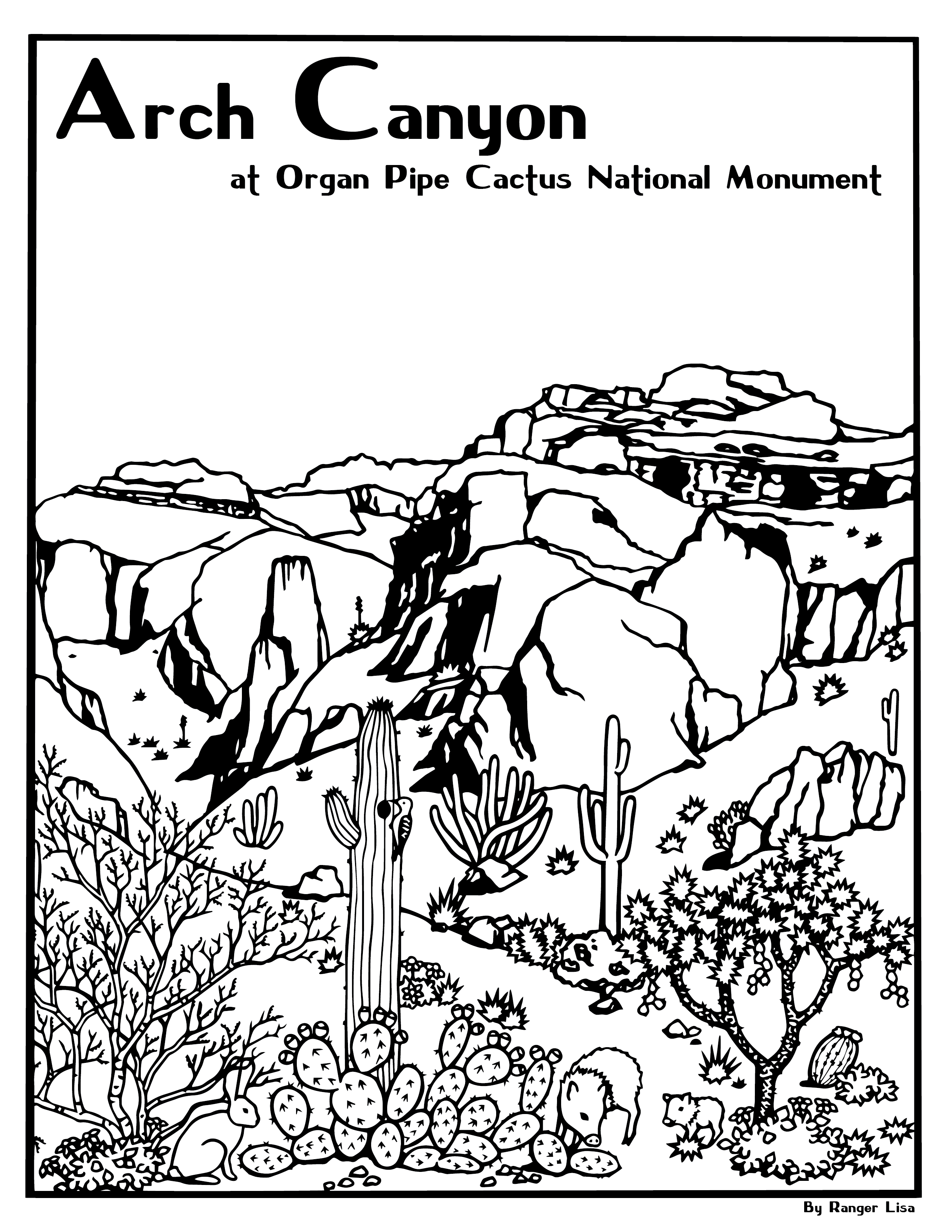 Coloring page of a desert canyon with the text "Arch Canyon at Organ Pipe Cactus National Monument."