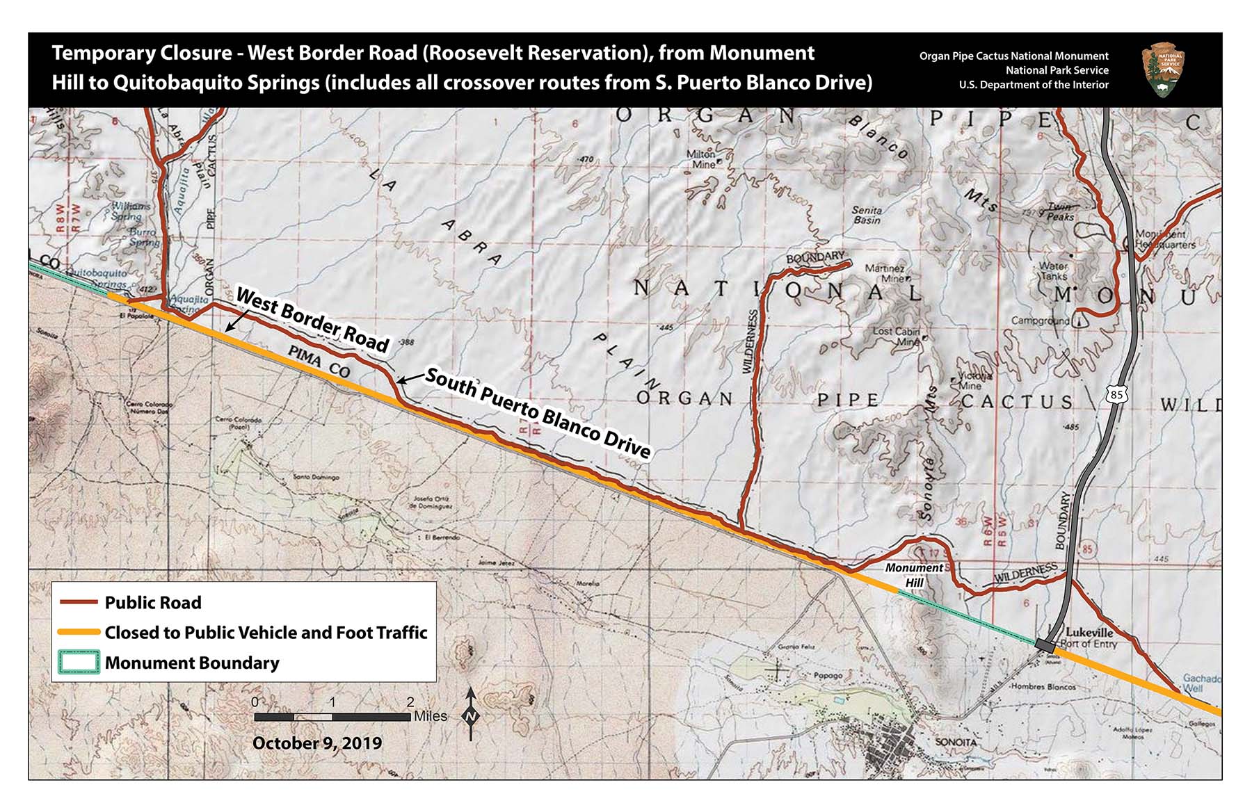 map showing the temporary closure (yellow line) of West Border Road, from Monument Hill to Quitobaquito Springs, including all crossover routes from S. Puerto Blanco Drive