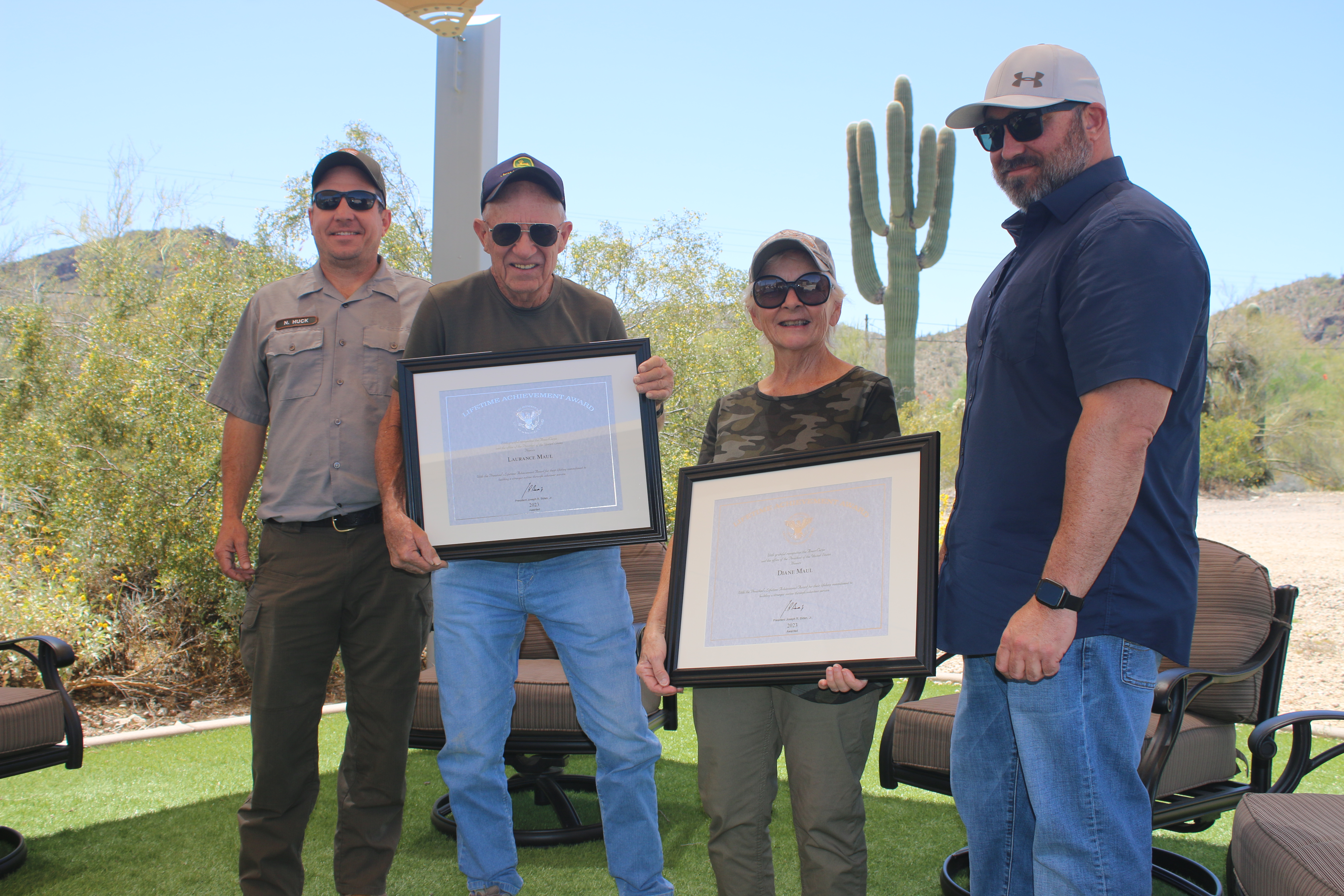 Acting Superintendent Nick Huck and Senior Law Enforcement Ranger Kyle Greene presented Laurence and Diane Maul with the President’s Volunteer Service Lifetime Achievement Award