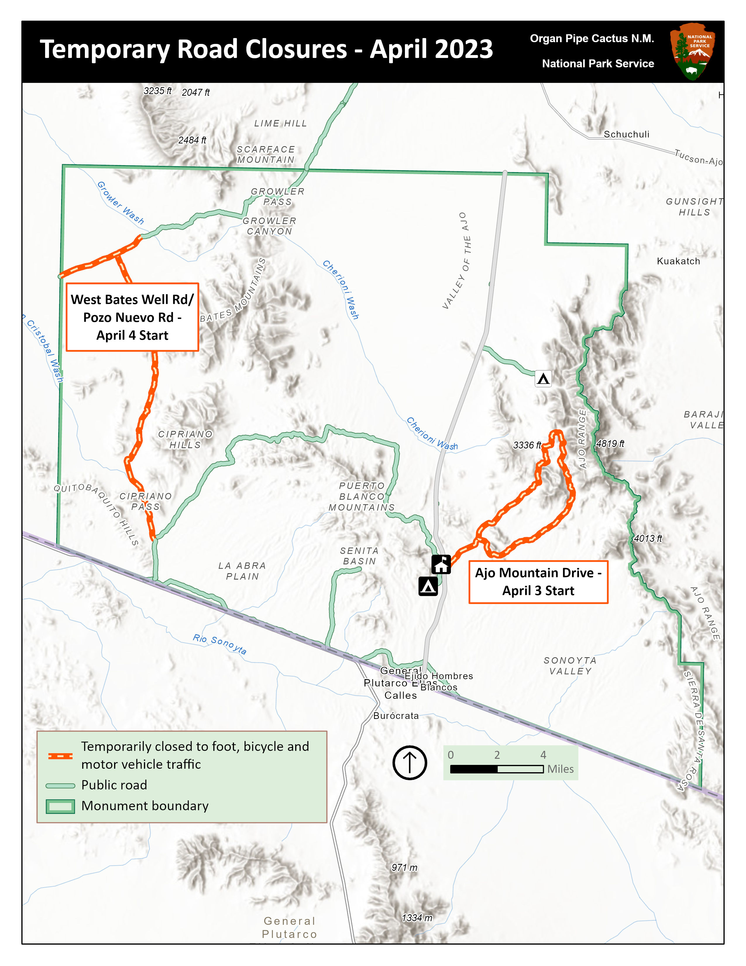 A map of Organ Pipe Cactus, highlighting road closures. Bates Well to the Cabeza Prieta Boundary, and Pozo Nuevo Roads on the West. Ajo Mountain Drive on the East.