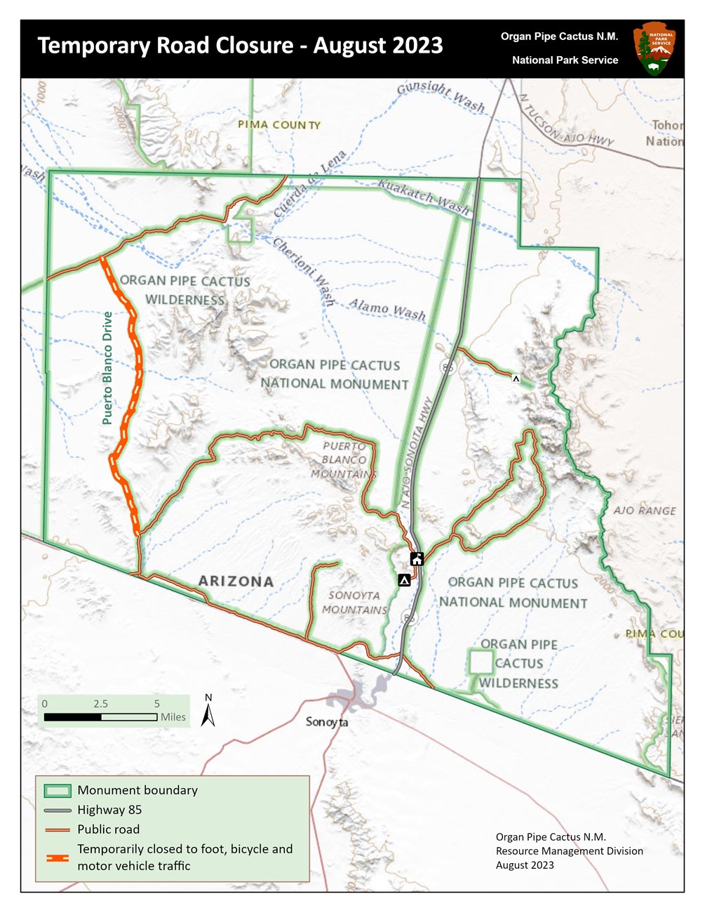 Pozo Nuevo Temp Closure 08/23 Map of Organ Pipe Cactus National Monument. Title: Temporary Road Closure-Aug 2023. Puerto Blanco Drive from intersection north to where it ends is marked in orange indicating "temporarily closed to foot, bicycle, and motor vehicle traffic"