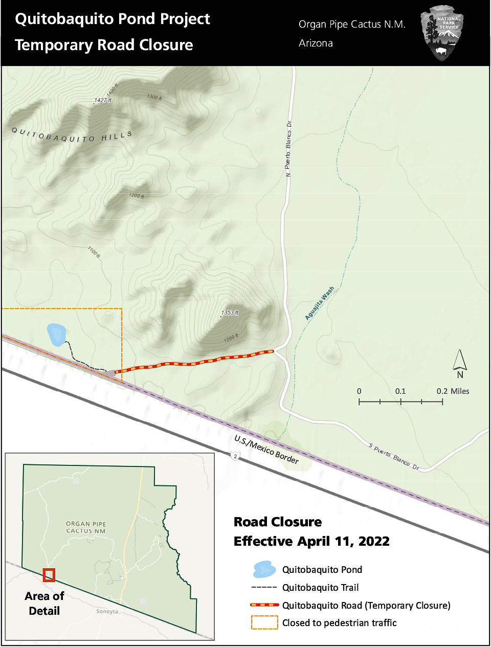 QBQ_Road_Closure_Map a map showing Quitobaquito Road closure beginning April 11, 2022, indicated by a dotted red and yellow line, in relation to the U.S. Mexico Border.
