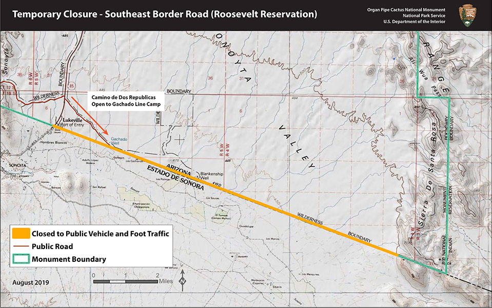 a map that shows with an orange line, where the Arizona/Mexico boarder is closed within Organ Pipe Cactus National Monument.