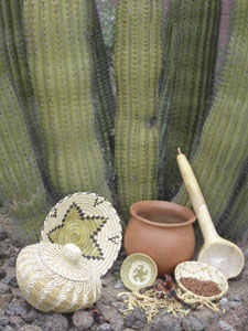 native american pottery and baskets in front of an organ pipe cactus