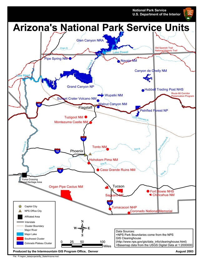 A map featuring the location and sizes of Arizona National Park sites.